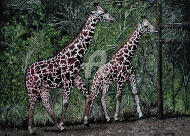 Malerei mit dem Titel "Giraffes painting,…" von Joky, Original-Kunstwerk, Öl
