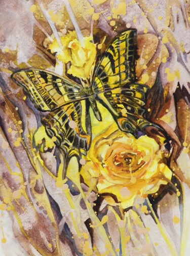 Peinture intitulée "Żółty motyl" par Jolanta Frankiewicz, Œuvre d'art originale, Aquarelle
