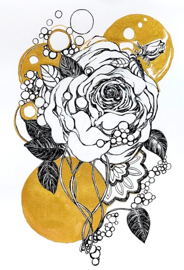 Картина под названием "Romantic ,,Rose and…" - Jolanta Frankiewicz, Подлинное произведение искусства, Чернила