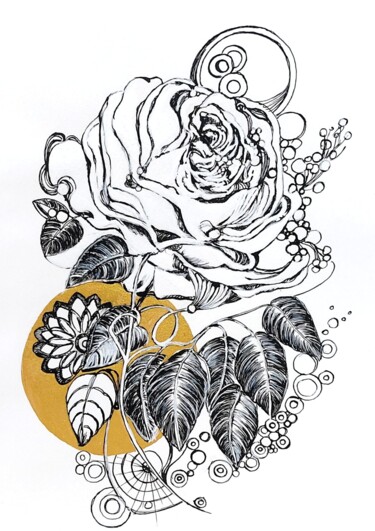 Drawing titled "Romantic ,,Rose and…" by Jolanta Frankiewicz, Original Artwork, Ink