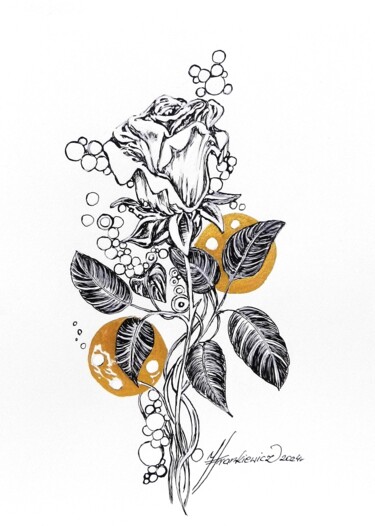 Рисунок под названием "Romantic ,,Rose and…" - Jolanta Frankiewicz, Подлинное произведение искусства, Чернила