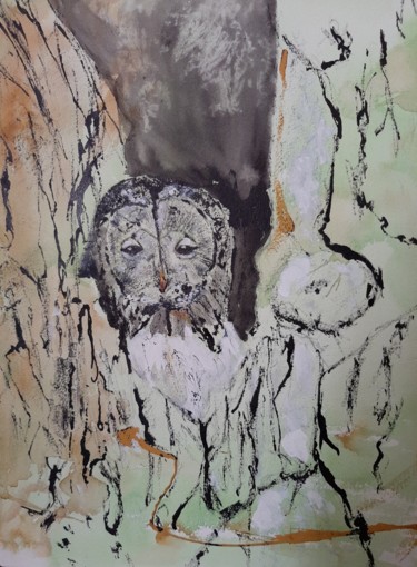Peinture intitulée "Le hibou dans son a…" par Jocelyne Larralde, Œuvre d'art originale, Aquarelle