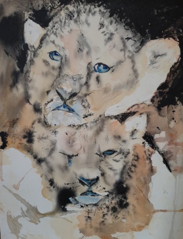 Peinture intitulée "Lionceaux" par Jocelyne Larralde, Œuvre d'art originale, Aquarelle