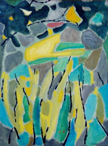 Painting titled "Arbres jaunes au pr…" by Jon Von, Original Artwork, Oil