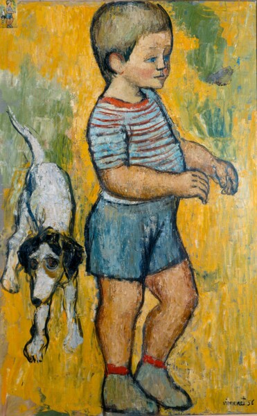 Schilderij getiteld "Manuel au chien" door Jon Von, Origineel Kunstwerk