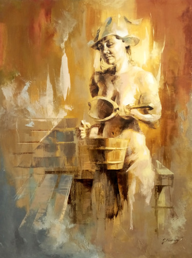 Картина под названием "JK20-0613 Pirtyje" - Jonas Kunickas, Подлинное произведение искусства, Масло Установлен на Деревянная…