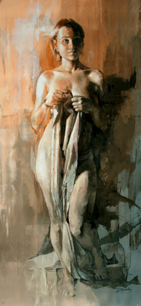 Painting titled "JK22-0222 Modesty" by Jonas Kunickas, Original Artwork, Oil Mounted on Wood Stretcher frame