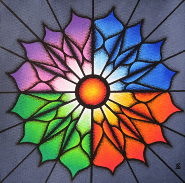 Painting titled "Fleur Colorée" by Jonathan Pradillon, Original Artwork, Acrylic Mounted on Cardboard