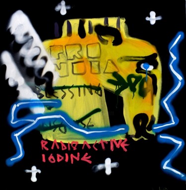 Schilderij getiteld "RADIOACTIVE IODINE" door Jonathan Wain, Origineel Kunstwerk, Graffiti Gemonteerd op Frame voor houten b…