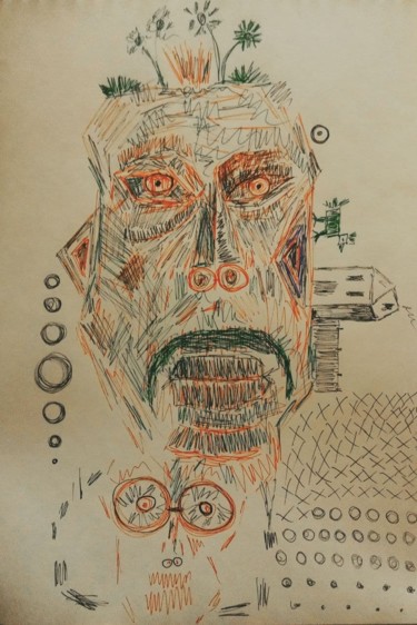 Drawing titled "autoportret" by Jora Poshytilo, Original Artwork, Gel pen