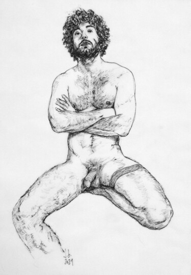 Druckgrafik mit dem Titel "Jerôme seated nude…" von Jorge Bandarra, Original-Kunstwerk, Tinte
