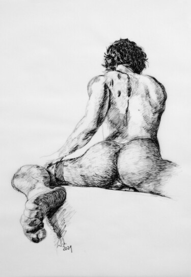 Drawing titled "Jerôme seated nude,…" by Jorge Bandarra, Original Artwork, Marker