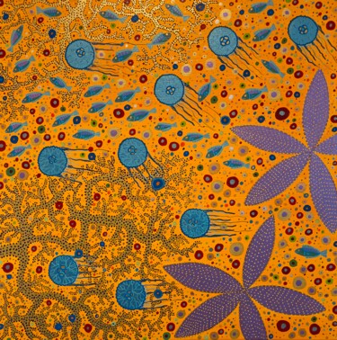 Schilderij getiteld "Red Sea Stars" door Jorge Gonzalez, Origineel Kunstwerk, Acryl Gemonteerd op Frame voor houten brancard