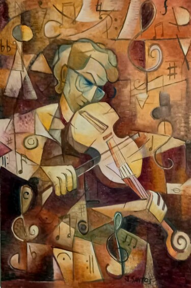 Schilderij getiteld "o Violinista" door Jorge Manuel Santos, Origineel Kunstwerk, Olie Gemonteerd op Frame voor houten branc…