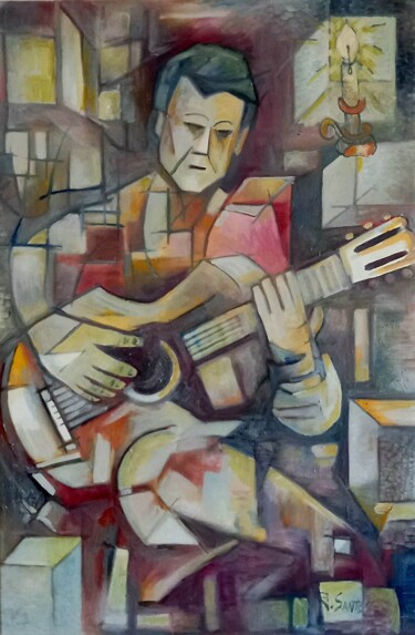 Painting titled "Guitarrista" by Jorge Manuel Santos, Original Artwork, Oil Mounted on Wood Stretcher frame