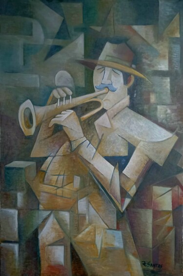 Painting titled "O trompetista" by Jorge Manuel Santos, Original Artwork, Oil Mounted on Wood Stretcher frame
