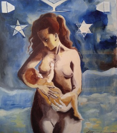 Malerei mit dem Titel "Maternidade" von Jorge Quiros, Original-Kunstwerk, Öl