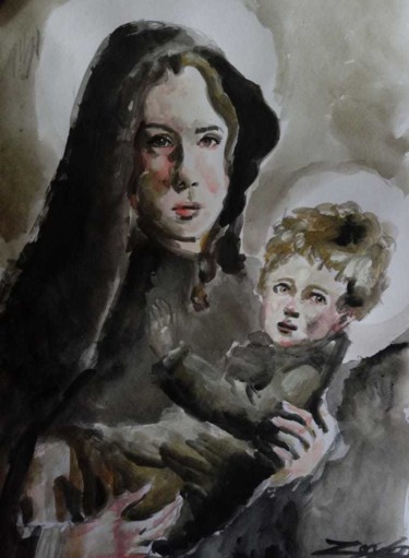 Painting titled "A mãe de Deus ( The…" by Jorge Quiros, Original Artwork, Watercolor