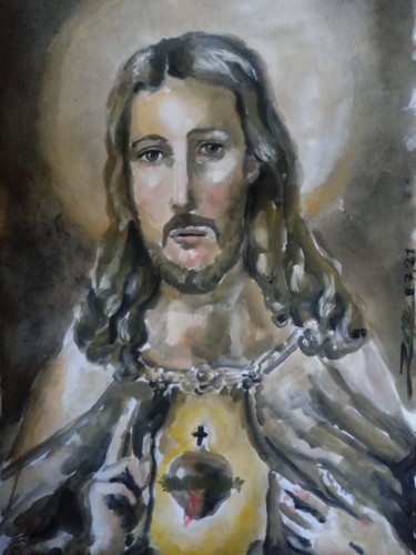 Schilderij getiteld "O Homem - Deus ( Th…" door Jorge Quiros, Origineel Kunstwerk, Aquarel