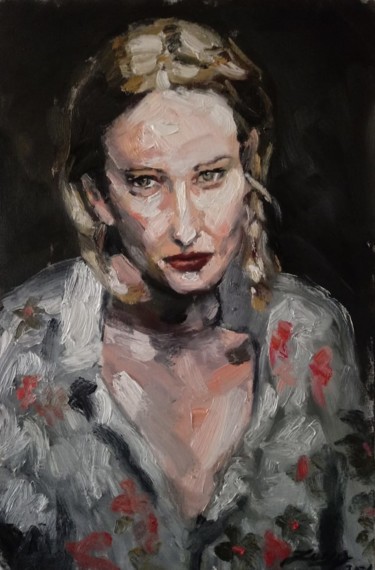 Dama com camisa de rosas ( Lady in rose shirt) Peinture intitulée "Dama com camisa de…" par Jorge Quiros, Œuvre d'art originale, Huile