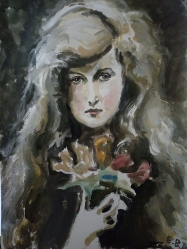 Painting titled "Moça com flores (Gi…" by Jorge Quiros, Original Artwork, Watercolor