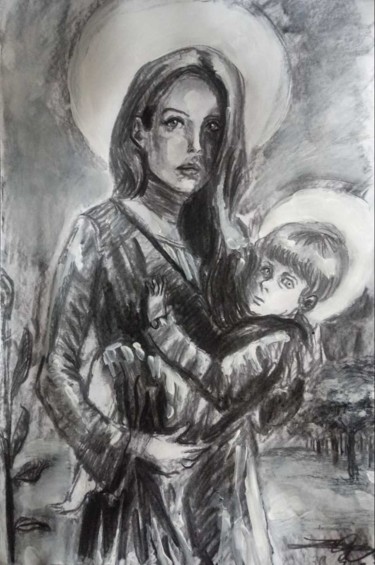 Disegno intitolato "A Mãe de Deus - Mot…" da Jorge Quiros, Opera d'arte originale, Carbone