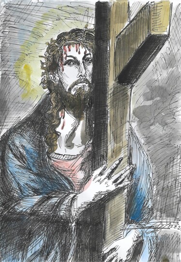 Malerei mit dem Titel "Jesus With The Cross" von Jorge Quiros, Original-Kunstwerk, Aquarell