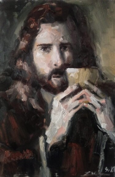 Картина под названием "Jesus with the cup…" - Jorge Quiros, Подлинное произведение искусства, Масло