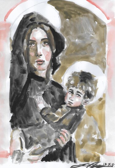 Malerei mit dem Titel "The Mother of Gog" von Jorge Quiros, Original-Kunstwerk, Aquarell