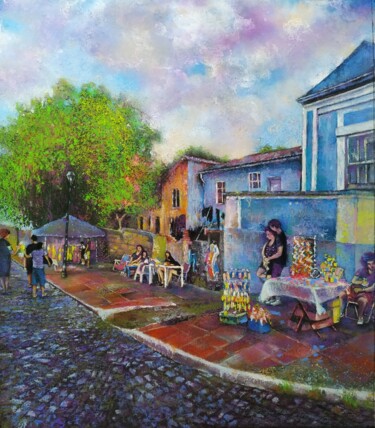 Peinture intitulée "Feira na Vila Belga…" par Jorge Ferreira, Œuvre d'art originale, Pastel