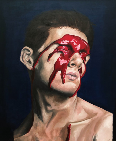 Schilderij getiteld "Red paint over male…" door Eduardo Montejo, Origineel Kunstwerk, Olie