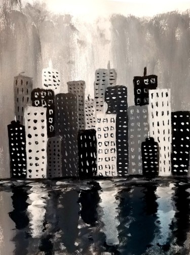 Painting titled "The gray city" by Jorge Oliveira, Original Artwork, Acrylic