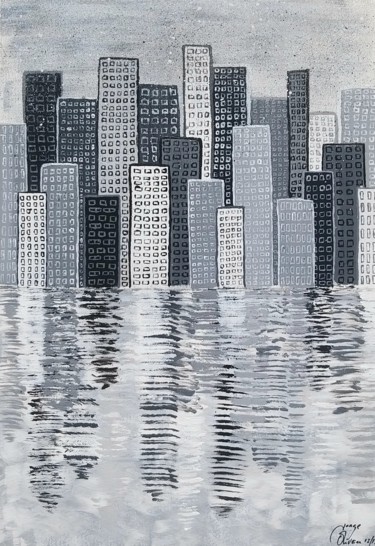 Painting titled "New gray city" by Jorge Oliveira, Original Artwork, Acrylic