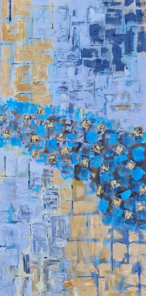 Painting titled "Gold on blue II" by Jorge Oliveira, Original Artwork, Acrylic Mounted on Wood Panel