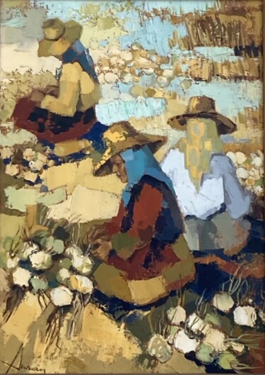 Malerei mit dem Titel "Récolte des oignons" von Jori Duran, Original-Kunstwerk, Öl