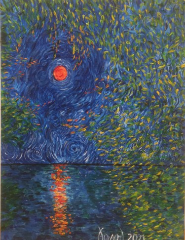 Schilderij getiteld ""Peaceful night II"" door François Jornod, Origineel Kunstwerk, Acryl Gemonteerd op Houten paneel