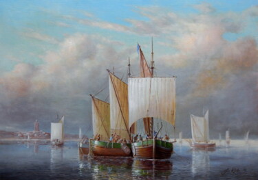 Pittura intitolato ""drying the sails."" da Jos Kivits, Opera d'arte originale, Olio
