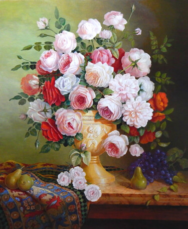 Peinture intitulée ""Big Floral With Pe…" par Jos Kivits, Œuvre d'art originale, Huile