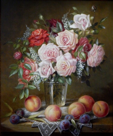 Картина под названием ""Roses in glass vas…" - Jos Kivits, Подлинное произведение искусства, Масло
