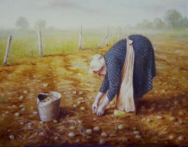 Painting titled "Old woman in a pota…" by Jos Kivits, Original Artwork, Oil Mounted on Wood Panel