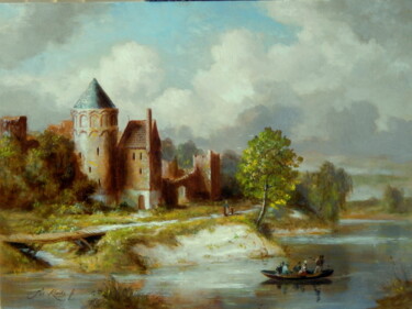 Painting titled "landscape with a ru…" by Jos Kivits, Original Artwork, Oil Mounted on Wood Panel