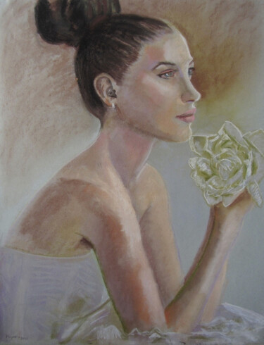 Painting titled "Muchacha con flor e…" by Josan Artista, Original Artwork, Pastel