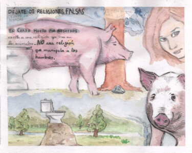 Pintura intitulada "El cerdo muere por…" por Jose Antonio Cerqueiro Otero, Obras de arte originais, Aquarela
