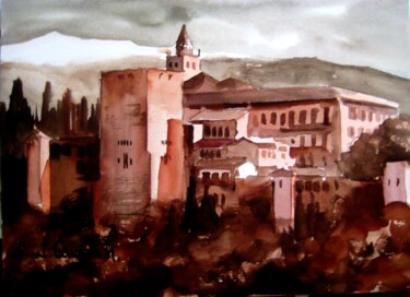 Malarstwo zatytułowany „Alhambra y Sierra N…” autorstwa Jose Camero Hernandez, Oryginalna praca, Akwarela