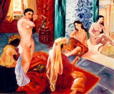 Peinture intitulée "au hammam" par José Cano, Œuvre d'art originale, Huile
