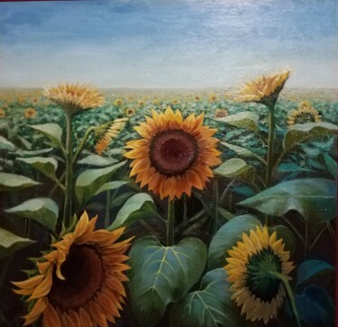 Painting titled "Mis girasoles" by Danilo Fortin, Original Artwork, Oil Mounted on Wood Stretcher frame
