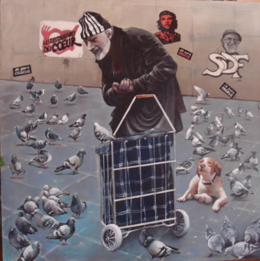 Peinture intitulée "L'HOMME AUX PIGEONS" par José Garcia (GARBEL), Œuvre d'art originale, Acrylique