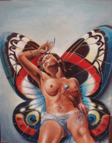 Schilderij getiteld "FEMME PAPILLON" door José Garcia (GARBEL), Origineel Kunstwerk, Acryl