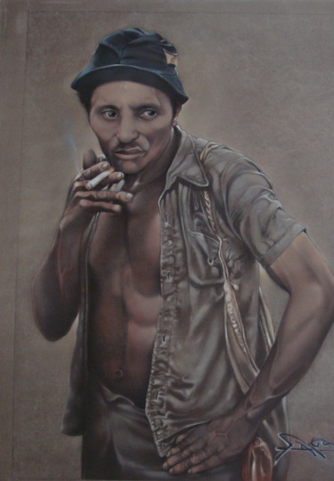 Dessin intitulée "La pause cigarette" par José Garcia (GARBEL), Œuvre d'art originale, Pastel