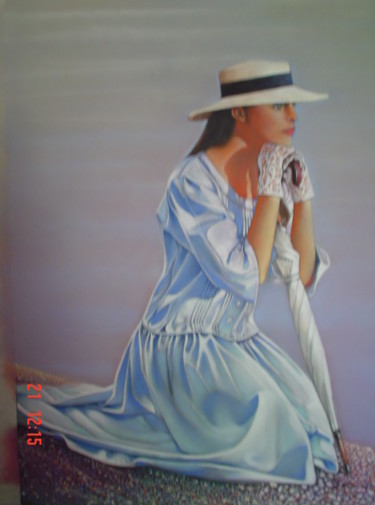 Peinture intitulée "Jeune fille au chap…" par José Garcia (GARBEL), Œuvre d'art originale, Pastel
